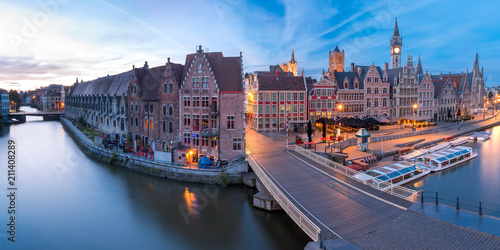Panoramic aerial view of picturesque medieval buildings on the quay Graslei and Leie river at Ghent town in the morning, Belgium