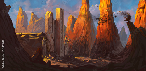 Ruined fortress in a rocky desert being overrun by a dangerous evil character - digital fantasy painting