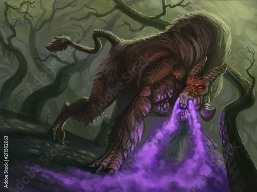 Purple cloud breathing fantasy animal posing in the woods - digital fantasy painting