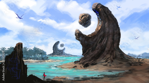 Traveler hiking into a mysterious coastal environment - digital fantasy painting