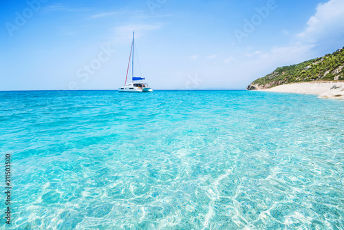 Sailboat in the sea, active vacation in Mediterranean sea, Lefkada island, Greece