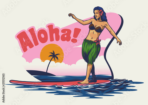 hand drawing hawaiian girl surfing