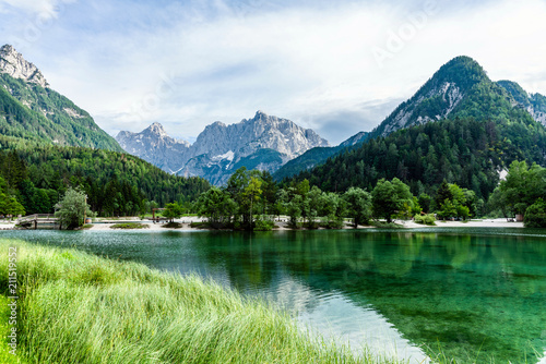 Scenic view of the jasna Lake with Julian Alps in the background near Krajnska Gora, Slovenia