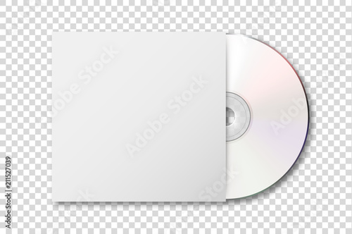 Vector realistic 3d white cd with cover icon isolated on transparency grid background. Design template of packaging mockup for graphics. Top view