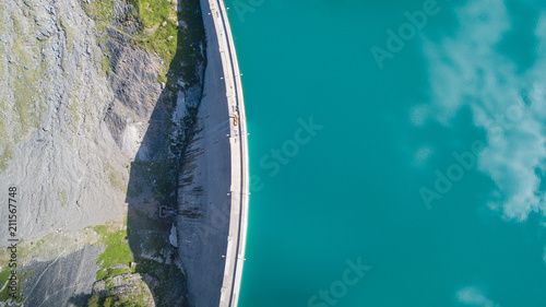 Aerial view of the dam of the Lake Barbellino, an Alpine artificial lake. Italian Alps. Italy