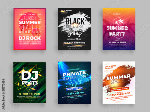 Collection of six Summer party flyer or banner design with time and venue details.