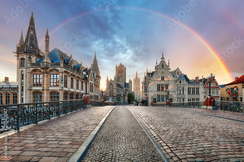 Rainbow over Ghent, Belgium old city