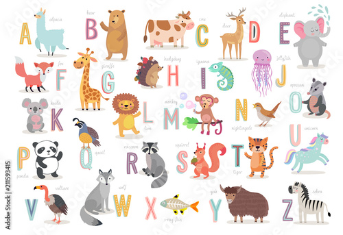 Cute Animals alphabet for kids education. Funny hand drawn style characters.