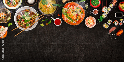 Various of asian meals on rustic background , top view , place for text.