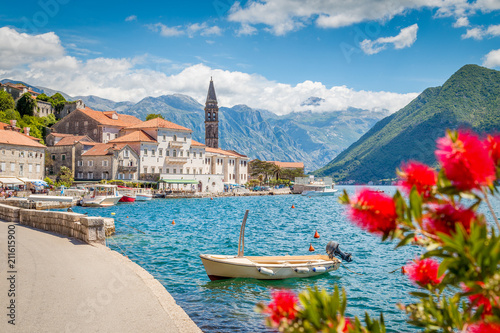Historic town of Perast at Bay of Kotor in summer, Montenegro