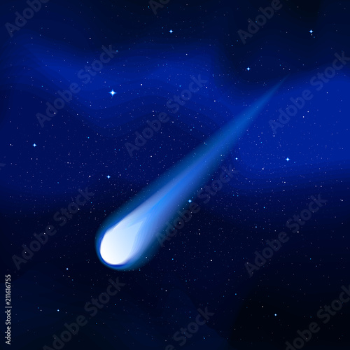 Vector illustration of a flying in space comet. Constellation glowing blue light. Stars and starry sky. Milky Way.