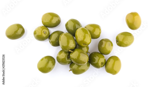 Heap of green olives isolated on white background. Top view