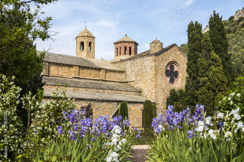 The Abbaye de Fontfroide, a former Cistercian monastery and abbey in Southern France, with a foregound of Iris germanica (bearded iris)