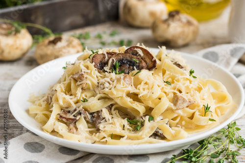 Fetuchini alfredo with mushrooms and chicken ham in creamy cheese sauce