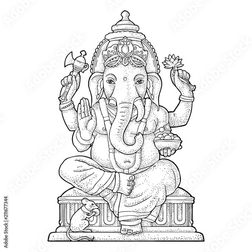 Ganpati with mouse for poster Ganesh Chaturthi. Engraving vintage vector