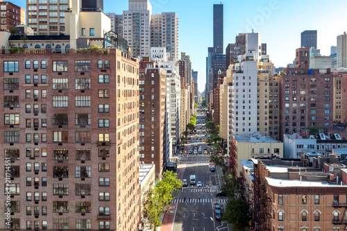 Overhead view of a busy street scene on 1st Avenue in Manhattan New York City