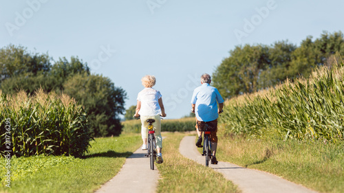 Full length of a senior active couple smiling and looking forward with confidence and serenity while riding bicycles in the countryside in summer