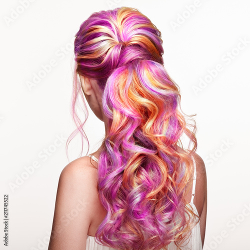 Beauty Fashion Model Girl with Colorful Dyed Hair. Girl with perfect Hairstyle. Model with perfect Healthy Dyed Hair. Rainbow Hairstyles