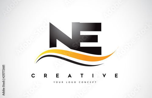 NE N E Swoosh Letter Logo Design with Modern Yellow Swoosh Curved Lines.