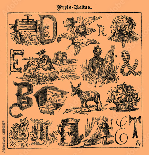 Illustrated rebus game printed on a 19th century Swiss magazine in German language