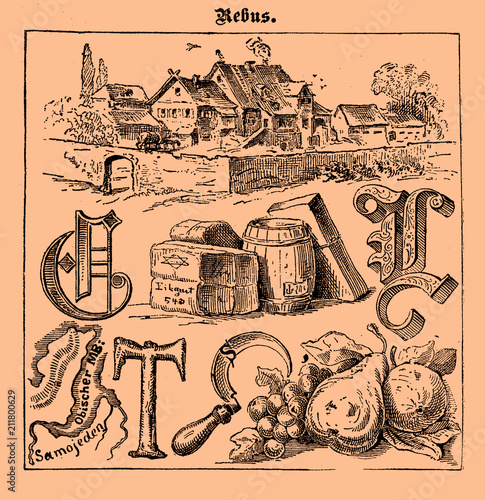 Illustrated rebus game printed on a 19th century Swiss magazine in German language