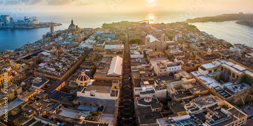 Valletta, Malta - Sunrise and the ancient city of Valletta from above with Triq Ir-Repubblika, the narrow high street of Valletta