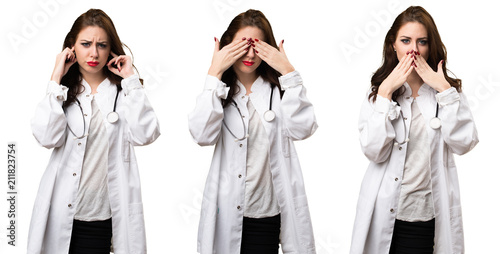 Set of Doctor woman covering her eyes, ears and mouth