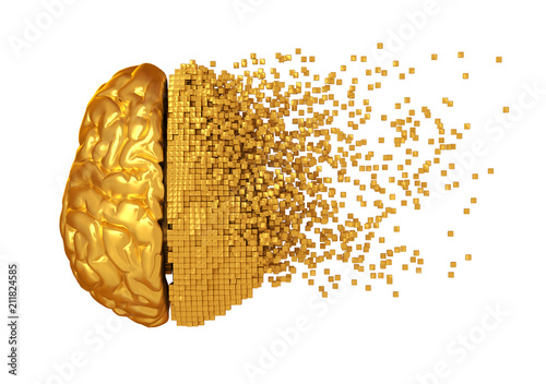 Desintegration Of Golden Digital Brain On White Background. 3D Illustration.