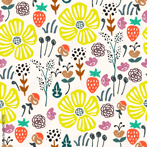 Hand drawn pattern with flowers. For textile,wrapper or fabric. Scandinavian style.