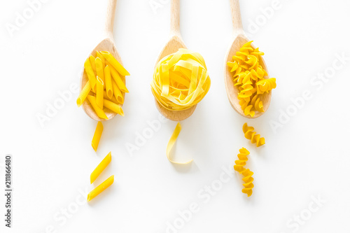 Various pasta concept. Fusilli, penne, fettuccine in spoons on white background top view