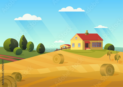 Colorful vector illustration of farmhouse in countryside with golden haystacks and blue sky.