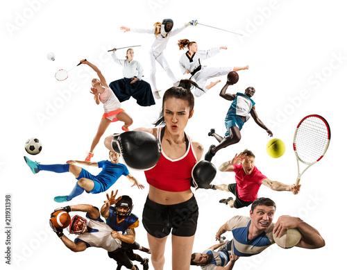 Sport collage about kickboxing, soccer, american football, basketball, badminton, taekwondo, tennis, rugby