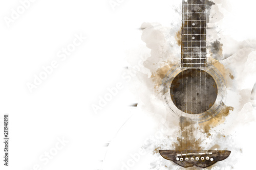 Abstract colorful Guitar in the foreground on Watercolor painting background and Digital illustration brush to art.