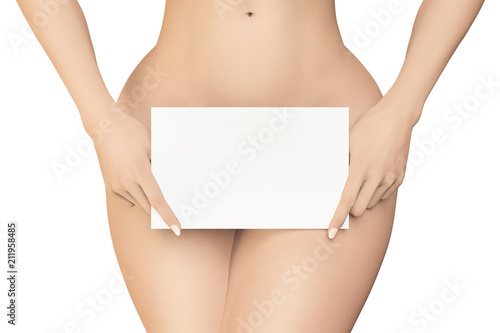 Female covers her pubic area by white empty sign on white background