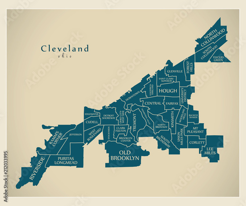 Modern City Map - Cleveland Ohio city of the USA with neighborhoods and titles