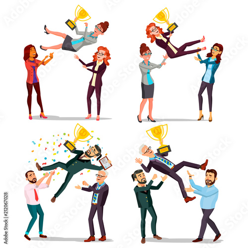 Winner Business People Set Vector. Man, Woman. Throwing Colleague Up. Colleague Celebrating Goal Achievement. First. Prize. Holding Golden Cup. Champion Number One. Flat Cartoon Illustration