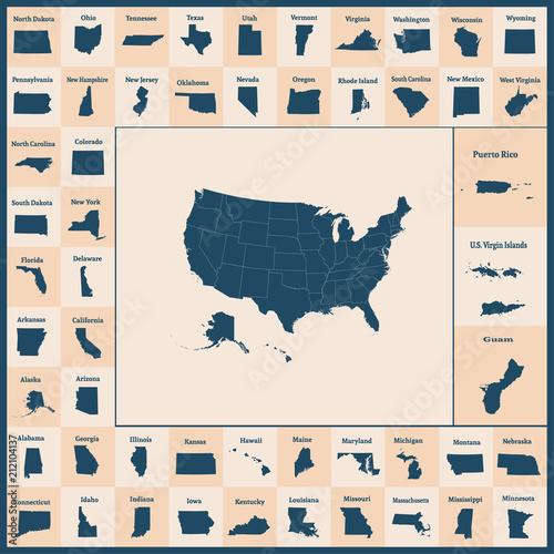 Outline map of the United States of America. 50 States of the USA. US map with state borders. Silhouettes of the USA and Guam, Puerto Rico, US Virgin Islands.