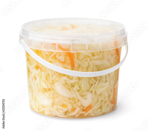Plastic bucket full of sauerkraut