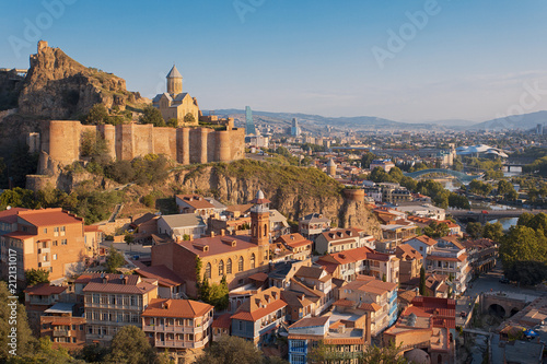 Tbilisi Georgia skyline with church and fortress 