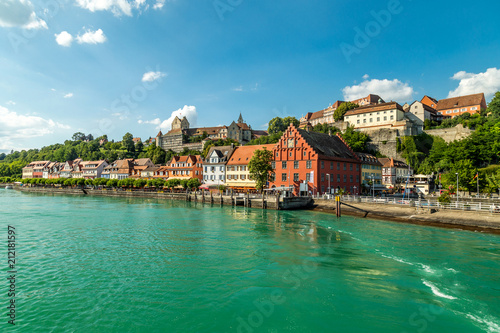 Meersburg, town in the German state of Baden-Wurttemberg on the shore of Lake Constance (Bodensee), famous for a Medieval Meersburg Castle. As seen from a ferry to Konstanz