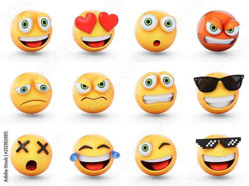 3D Rendering set of emoji isolated on white