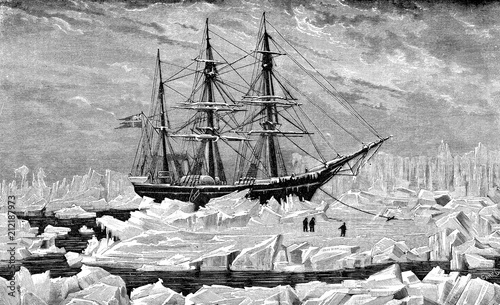 Vintage engraving of Swedish Vega arctic expedition to navigate with success through the Northeast Passage and the first voyage to circumnavigate Eurasia, years 1878-80