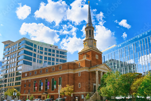 Washington, USA, New York Avenue Presbyterian Church and urban cityscape of the city.