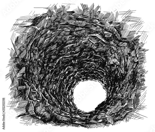 Vector artistic pen and ink drawing illustration of dark rough cave tunnel in rock. Light at the end.
