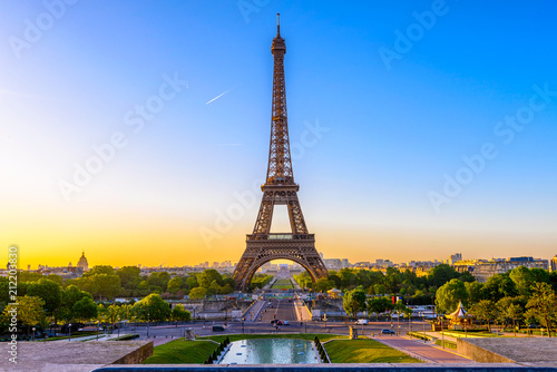 View of Eiffel Tower from Jardins du Trocadero in Paris, France. Eiffel Tower is one of the most iconic landmarks of Paris