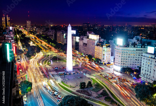 Colorful Aerial view of Buenos Aires and 9 de julio avenue at night - Buenos Aires, Argentina