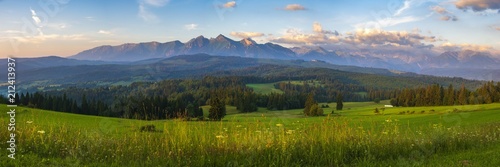 Mountain landscape at sunrise - spring panorama of the Tatra Mountains, Poland