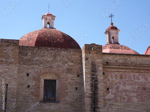 Focus on church of San Pedro in Mitla city, archeological site of Zapotec culture in Oaxaca state landscape in Mexico