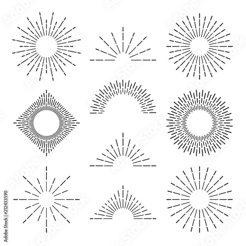 Retro sunburst rays. Radiant sunset or sunrise burst light lines. Abstract hand drawn sunsets vector symbols set