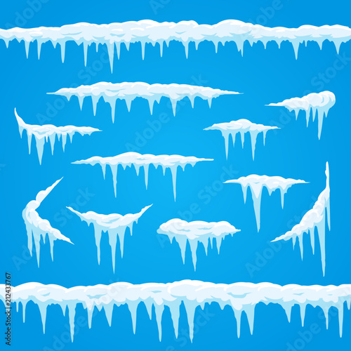 Cartoon icicles ice cap. Winter frosted snow frame for snowfall sign. Top of snowcap, snowed frames borders vector set